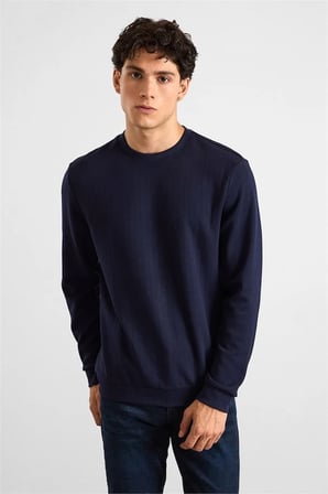 Lacivert Regular Dikey Çizgili Baskısız Jakarlı Bisiklet Yaka Cepsiz Sweatshirt