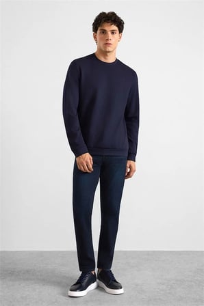 Lacivert Regular Dikey Çizgili Baskısız Jakarlı Bisiklet Yaka Cepsiz Sweatshirt