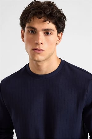 Lacivert Regular Dikey Çizgili Baskısız Jakarlı Bisiklet Yaka Cepsiz Sweatshirt
