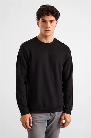 Siyah Regular Dikey Çizgili Baskısız Jakarlı Bisiklet Yaka Cepsiz Sweatshirt