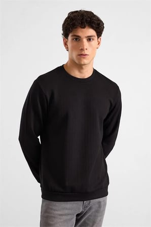 Siyah Regular Dikey Çizgili Baskısız Jakarlı Bisiklet Yaka Cepsiz Sweatshirt