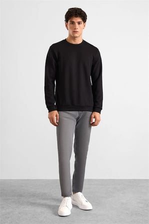 Siyah Regular Dikey Çizgili Baskısız Jakarlı Bisiklet Yaka Cepsiz Sweatshirt