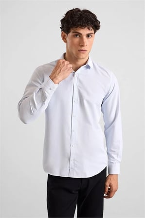 Buz Mavi Slim Klasik Yaka Düz Armürlü Cepsiz Düğmeli Uzun Kollu Casual Gömlek