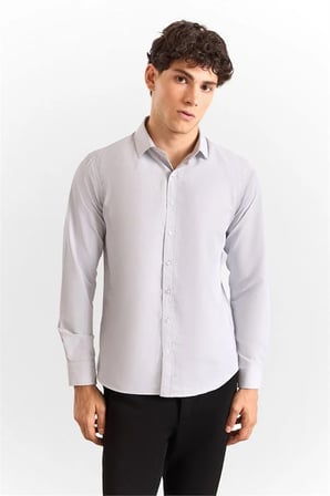 Gri Slim Klasik Yaka Düz Armürlü Cepsiz Düğmeli Uzun Kollu Casual Gömlek