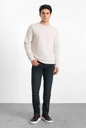 Bej Regular Düz Baskısız Waffle Bisiklet Yaka Cepsiz Sweatshirt