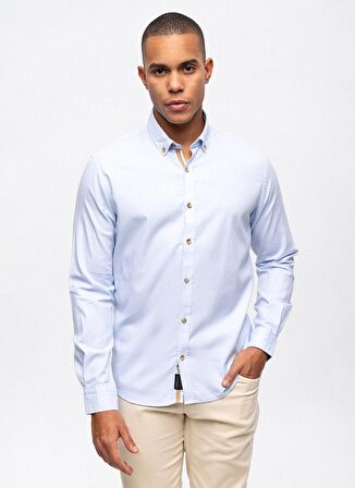Back and Bond Slim Fit Düğmeli Yaka Düz Açık Mavi Erkek Gömlek B33W20051