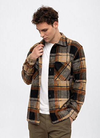 Back and Bond Oversize Klasik Yaka Kareli Kahve Erkek Gömlek B33W22053