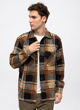 Back and Bond Oversize Klasik Yaka Kareli Kahve Erkek Gömlek B33W22053