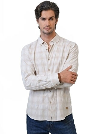 Back and Bond Regular Fit Düğmeli Yaka Ekose Bej Erkek Gömlek B33S20014