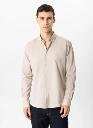 Back and Bond Bej Erkek Düğmeli Slim Fit Armürlü Gömlek B33T20024