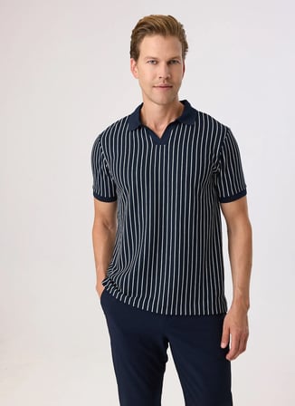Back and Bond Lacivert Erkek Regular Fit Çizgili Polo T-Shirt BTS1008100000