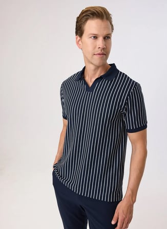 Back and Bond Lacivert Erkek Regular Fit Çizgili Polo T-Shirt BTS1008100000