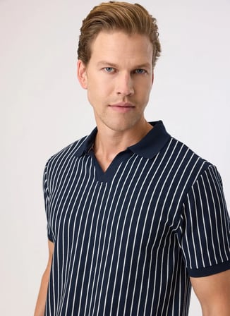 Back and Bond Lacivert Erkek Regular Fit Çizgili Polo T-Shirt BTS1008100000
