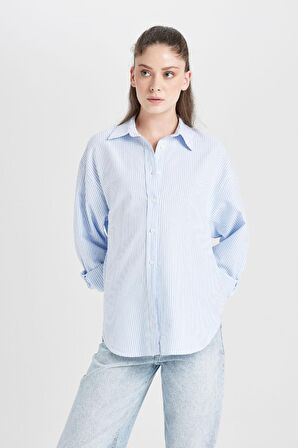 DeFacto Oversize Geniş Kalıp Çizgili Oxford Uzun Kollu Gömlek D4015AX24AUBE306