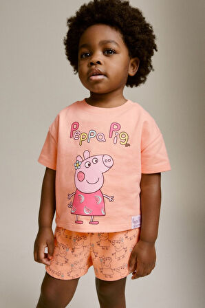 Next Baby % 100 Pamuklu Turuncu Peppa Ping Kısa Kollu Alt Üst Takım