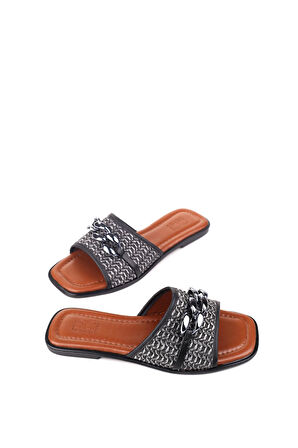 Papuç Sepeti ZŞ05 Zincir Detaylı Hasır Günlük Kadın Terlik