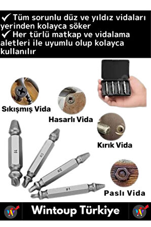 Premium Dayanıklı Matkap Tornavida Uyumlu Hasarlı Paslı Kırık Yamuk Vida Sökme Çıkarma Seti 4'lü Set