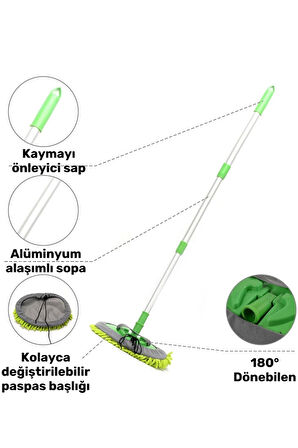 Premium 180 Derece Dönen Su Emici Tak Çıkar Paspaslı Uzun Saplı 2in1 Mikrofiber Araba Yıkama Uyumlu