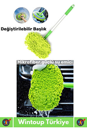 Premium 180 Derece Dönen Su Emici Tak Çıkar Paspaslı Uzun Saplı 2in1 Mikrofiber Araba Yıkama Uyumlu