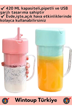 Taşınabilir Ev İş Gündelik Kullanım Milkshake Meyve Sıkacağı USB Şarjlı Pipetli Bardak Blender 420ML