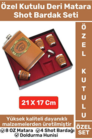 Premium Yüksek Kaliteli Özel Kutu Açık Kahverengi 8 OZ Deri Matara 4 Shot Bardak Doldurma Hunisi Set