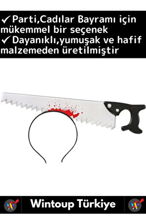 Parti Etkinlik Cadılar Bayramı Eğlenceli Kafaya Saplanan Kanlı Testere Halloween Gerçekçi Şaka Tacı