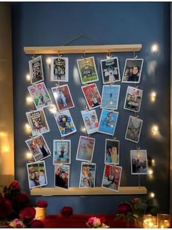 Miracix Mandallı İpli Işıklı Fotoğraf Askısı, Ledli Anı Duvarı, Ahşap Fotoğraf Çerçevesi Ahşap 50 x 60