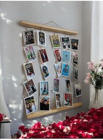 Miracix Mandallı İpli Işıklı Fotoğraf Askısı, Ledli Anı Duvarı, Ahşap Fotoğraf Çerçevesi Ahşap 50 x 60