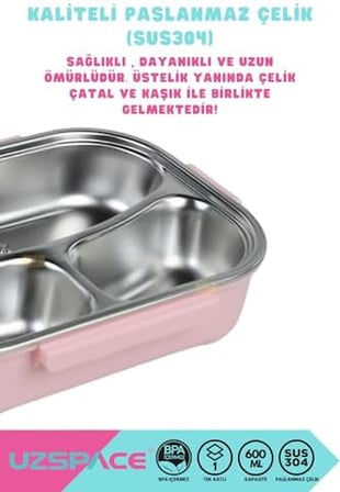 Bento 1100ml Lunchbox Tek Katlı 3 Bölmeli Kaseli Çelik Sefer Tası Yemek Kutusu (Açık Pembe-Sarı)
