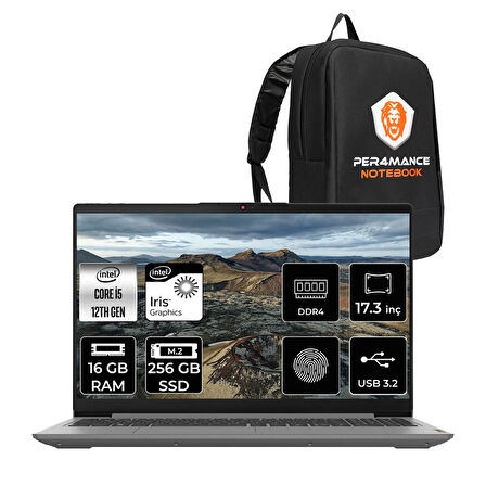 Lenovo IdeaPad 3 17IAU7 i5-1235U 16GB 256GB SSD 17.3" FHD FDOS Taşınabilir Bilgisayar & PER4 Çanta