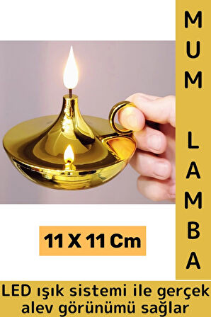 Premium Konsept Hediyelik Dekoratif Nostaljik LED Işık Alev Görünümlü Çok Şık Pilli GOLD Mum Lamba
