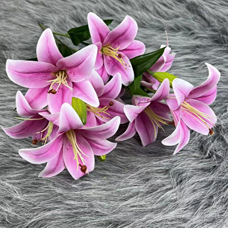 Yapay Çiçek Islak Lilyum Açık Lila Renk 9 Çiçekli 55cm Gerçeksi Doku A Kalite