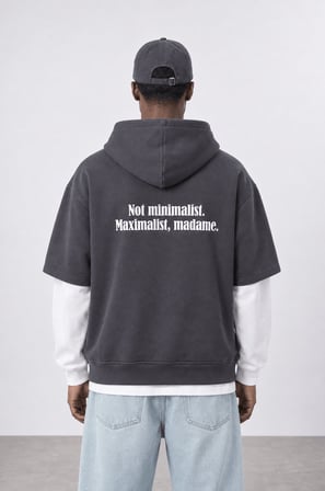 Erkek Not Minimalist Baskılı Double Sleeve Oversize Zip Füme