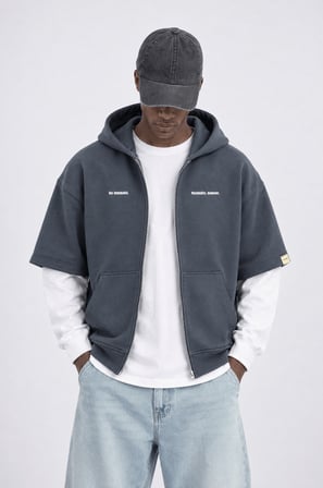 Erkek Not Minimalist Baskılı Double Sleeve Oversize Zip Füme