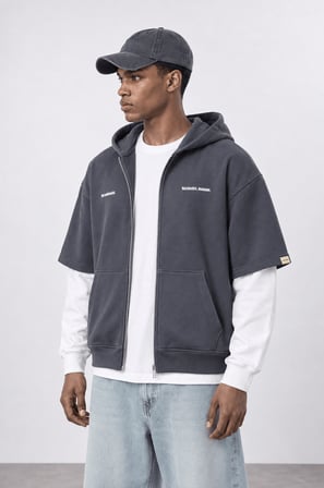 Erkek Not Minimalist Baskılı Double Sleeve Oversize Zip Füme
