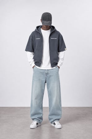 Erkek Not Minimalist Baskılı Double Sleeve Oversize Zip Füme