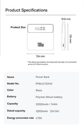 Baseus 100 W 20000 mAh Hızlı Şarj Powerbank Siyah 
