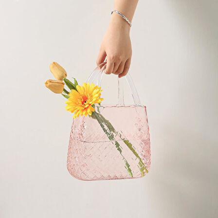 Çanta Vazo Cam Çiçek Vazosu Dekoratif Pembe Vazo Büyük Boy Oval Model 1,5kg Glass Bag Vase