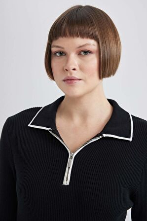 DeFacto Regular Fit Polo Yaka Yarım Fermuarlı Basic Düz Uzun Kollu Maxi Triko Elbise C1493AX24SPBK27