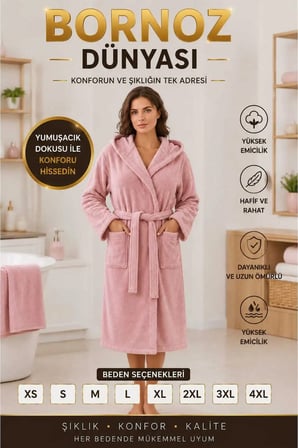 Kapşonlu Bornoz %100 Pamuklu Battal Boy (M-L-XL-2XL-3XL-4XL)