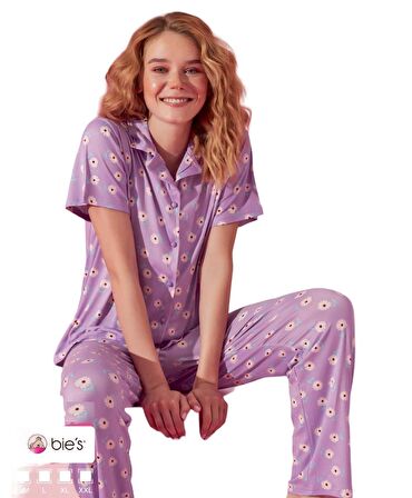 Kadın Düşük Kol Oversize Üst Önden Düğmeli Kısa Kol Viskon Gömlek Yaka Pijama Takımı 