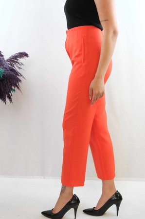 Moda Çizgi Yüksek Bel Pantolon Nar Çiçeği
