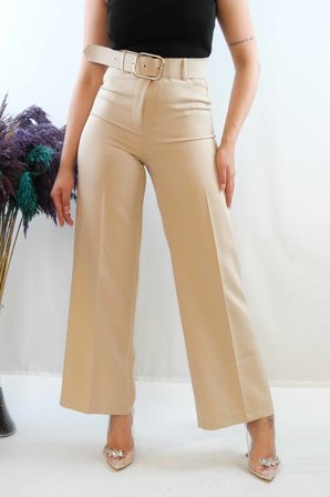 Moda Çizgi Kemerli Pantolon Taş Taş Rengi