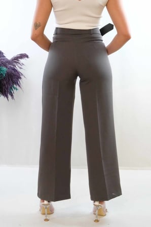 Moda Çizgi Kemerli Pantolon Füme