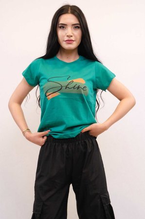 Moda Çizgi Shine Baskılı Tshirt Yeşil