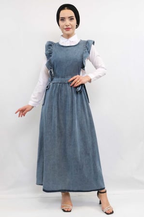 Moda Çizgi Fırfırlı Salopet Kot Elbise  Koyu Mavi Kot Mavi