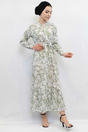 Moda Çizgi Çiçek Desenli  Pileli Elbise Mint MİNT YEŞİLİ