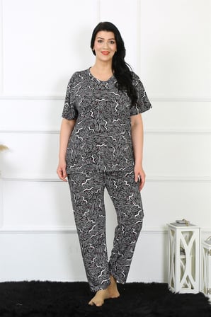 Moda Çizgi Kadın 5XL-6XL-7XL-8XL Büyük Beden Kısa Kol Pijama Takım 75011 Siyah