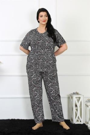 Moda Çizgi Kadın 5XL-6XL-7XL-8XL Büyük Beden Kısa Kol Pijama Takım 75011 Siyah