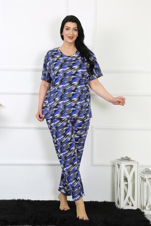 Moda Çizgi Kadın 5XL-6XL-7XL-8XL Büyük Beden Kısa Kol Pijama Takım 75010 Saks
